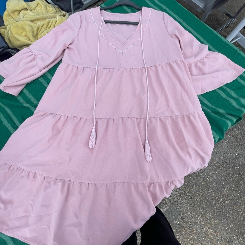 Pink Tiered Dress with Tassel Ties